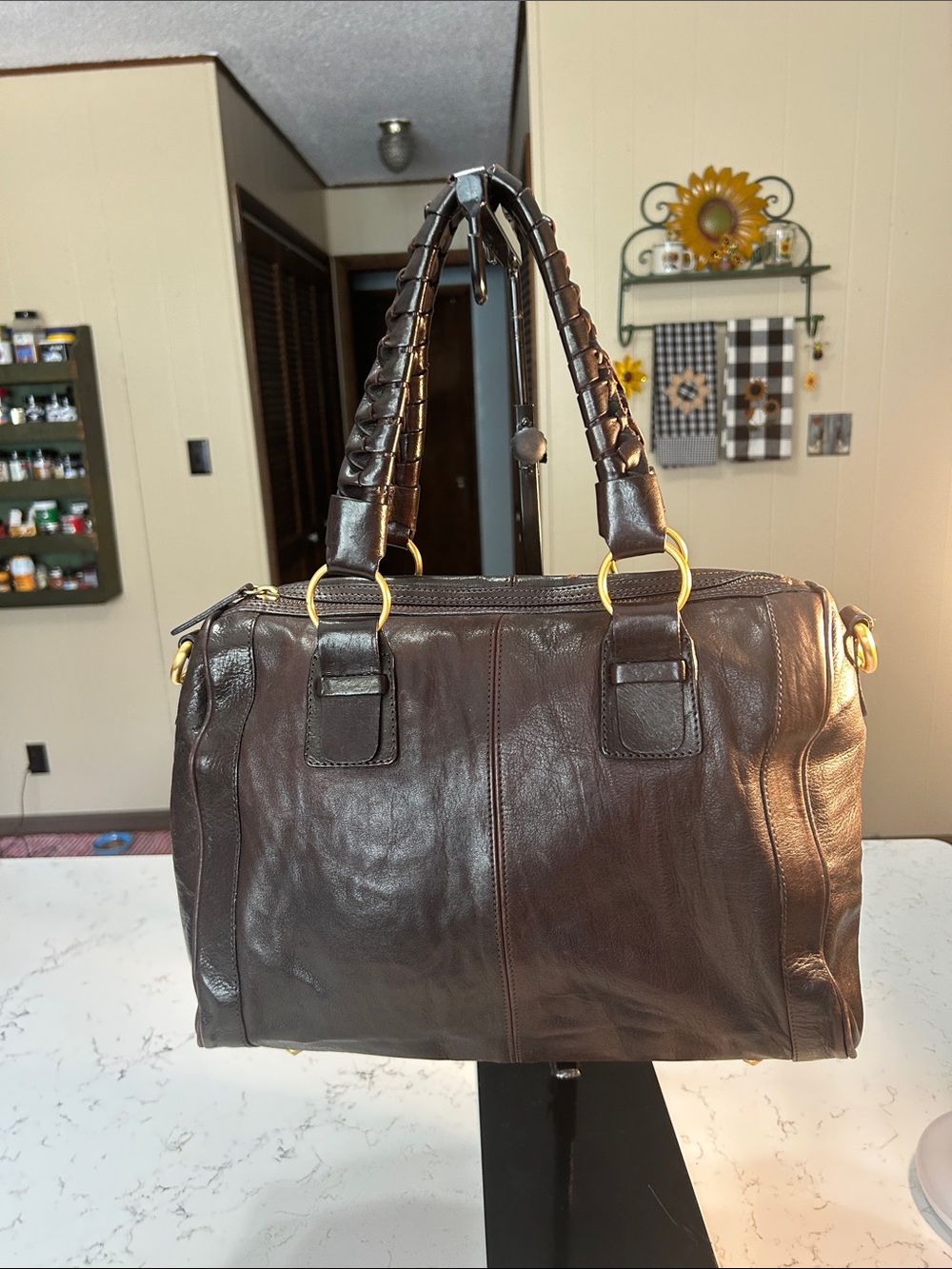 Falor Brown Genuine Leather Shoulder Bag with Braided Handles Made in Italy